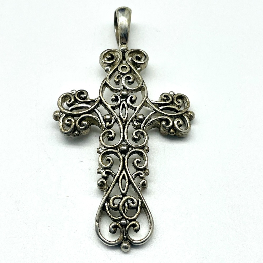Vintage Silver Tone Filigree Cross Pendant Ornate Scroll Religious Jewelry
